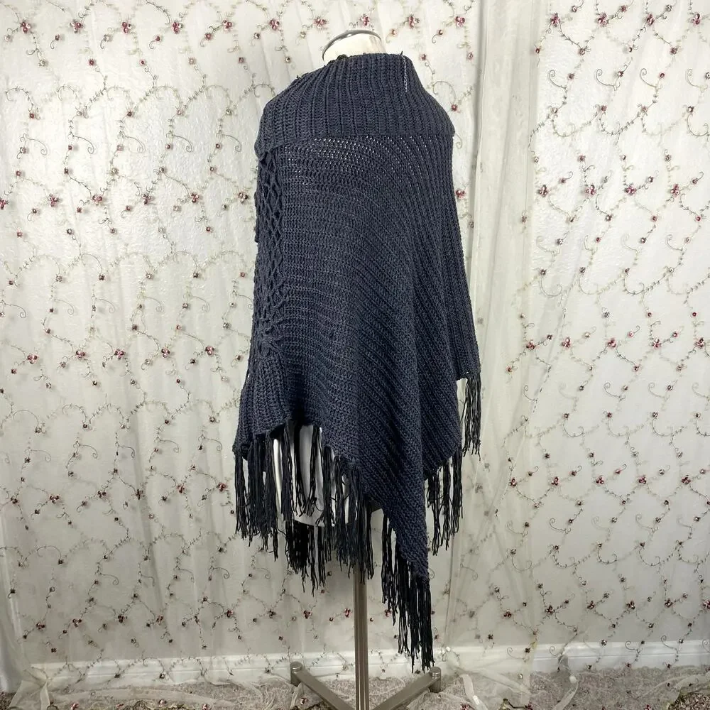 The Classic Gray Knit Tassel Fold Over Neckline Boho Hippie Earthy Poncho Shawl‎